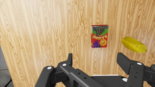 Wrist camera: the raisin box and the mustard bottle on the table, gripper below